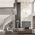 Modern Duplex Living Room Interior Design With Double Height Ceiling Chandelier And Marble Wall 3d model