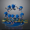 3D Sonic Character Scene With Multiple Blue Hedgehog Figures In Dynamic Poses And Logo