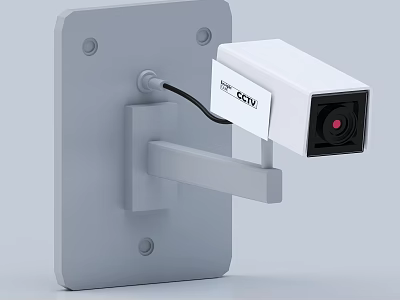 Modern White Security Camera Mounted On Gray Metal Plate With Mounting Arm Design 3d model