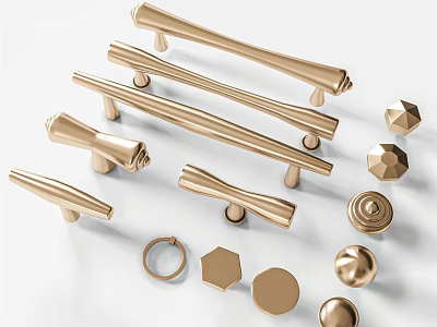 Golden Door Handles and Knobs in Various Shapes for Home Decor Applications 3d model