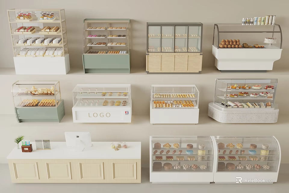 Various Colored Display Cases and Shelves with Glass for Bakery Pastries 3d model 