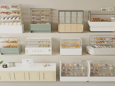 Various Colored Display Cases and Shelves with Glass for Bakery Pastries 3d model