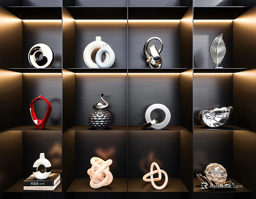 Stylish Decorative Ornaments Set With Illuminated Black Display Shelves And Diverse Shapes 3d model 