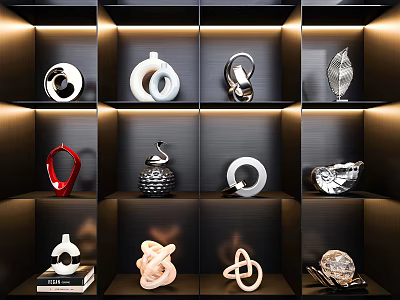Stylish Decorative Ornaments Set With Illuminated Black Display Shelves And Diverse Shapes 3d model