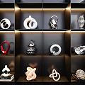 Stylish Decorative Ornaments Set With Illuminated Black Display Shelves And Diverse Shapes