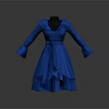 Blue Long Sleeve Dress With Ruffled Collar Belted Waist And Layered Skirt Design