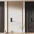 White Minimalist Swing Door With Dark Wood Panels And Marble Wall Decor