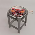 Grilled Sausages Cooking in Metal Wok with Charcoal on Metal Stand and Wooden Skewers