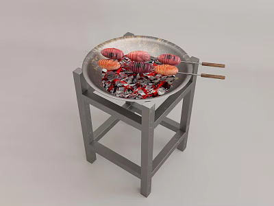 Grilled Sausages Cooking in Metal Wok with Charcoal on Metal Stand and Wooden Skewers 3d model