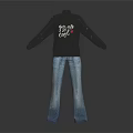 Black Turtleneck Sweater Leather Sleeves With Colorful You Are So Cool Print Blue Flared Jeans