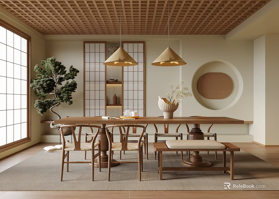 Traditional Tea Room Interior With Wooden Lattice Ceiling Gold Pendant Lights And Japanese Shoji Doors 3d model 