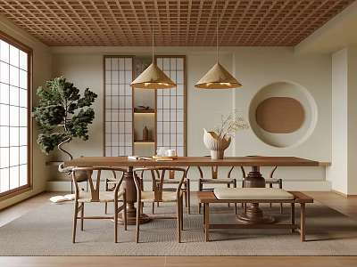 Traditional Tea Room Interior With Wooden Lattice Ceiling Gold Pendant Lights And Japanese Shoji Doors 3d model