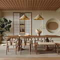 Traditional Tea Room Interior With Wooden Lattice Ceiling Gold Pendant Lights And Japanese Shoji Doors