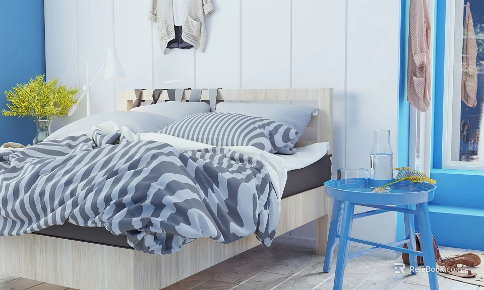 Double Bed With Wooden Headboard Gray Camouflage Quilt Striped Pillows And Blue Side Table 3d model 