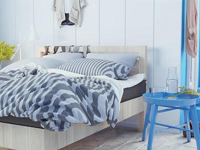 Double Bed With Wooden Headboard Gray Camouflage Quilt Striped Pillows And Blue Side Table 3d model
