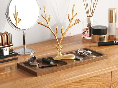 Elegant Decorative Ornament Set with Golden Deer Antler Wooden Tray and Jewelry on Vanity Table 3d model