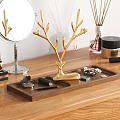 Elegant Decorative Ornament Set with Golden Deer Antler Wooden Tray and Jewelry on Vanity Table
