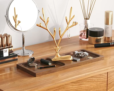 Elegant Decorative Ornament Set with Golden Deer Antler Wooden Tray and Jewelry on Vanity Table 3d model