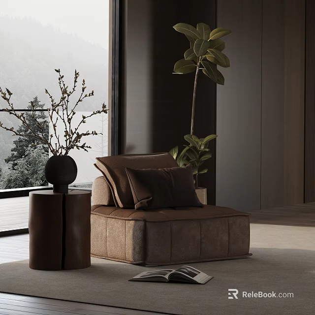 Comfortable Brown Leisure Chair With Soft Cushions By Large Window And Tall Plant 3d model 