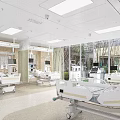 Modern Hospital Room Interior With Medical Beds Monitors Wooden Walls Large Windows And Green View