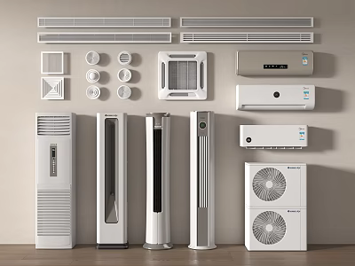 Various Types of Air Conditioners and Fans Including Wall Mounted and Floor Standing Models 3d model