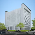 Modern High Rise Office Building With Vertical Striped Facade Sunlit Exterior And Trees