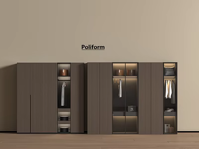 Modern Wooden Wardrobe With Glass Doors Hanging Rods And Storage Space 3d model