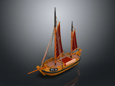 Wooden Model Ship With Two Masts Red Sails And Wooden Hull Design 3d model