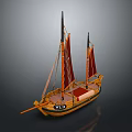 Wooden Model Ship With Two Masts Red Sails And Wooden Hull Design