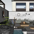 Modern Courtyard Water Fountain With Green Plants Stones Round Lights And Cozy Sofa Seating