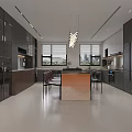 Modern Living And Dining Room Interior With Beige Sofa Dark Wood Shelves And Window Blinds