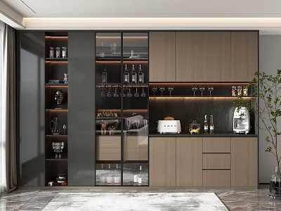 Modern Elegant Wine Cabinet With Glass Door Wine Bottles And Wine Glasses In Interior Design 3d model