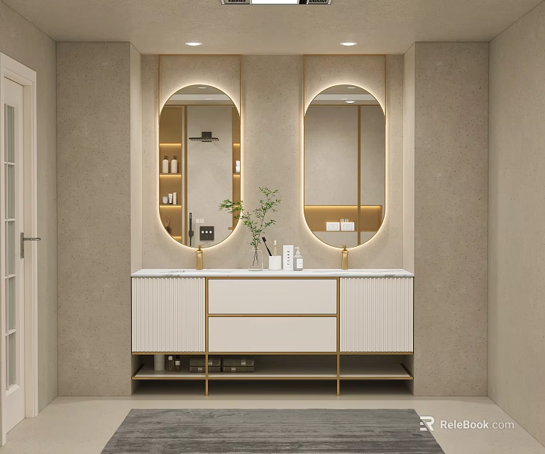 Modern Bathroom Interior With Double Oval Mirrors Gold Frames And Marble Vanity Counter 3d model 