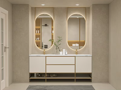 Modern Bathroom Interior With Double Oval Mirrors Gold Frames And Marble Vanity Counter 3d model