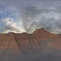 Majestic Mountain Landscape With Red Brown Layered Peaks And Cloudy Sky At Dawn