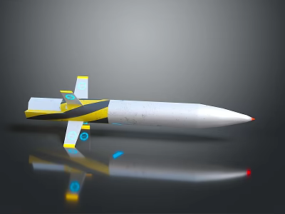 White And Yellow Space Rocket With Yellow Fins Red Nose Cone And Blue Details 3d model