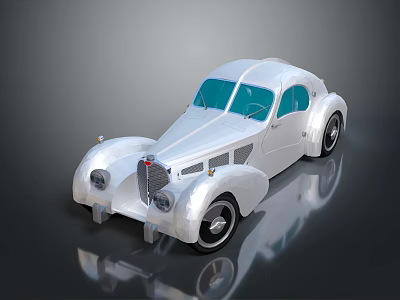 White Vintage Classic Car With Streamlined Body Blue Windows And Chrome Details 3d model