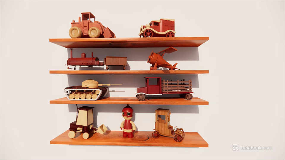 Wooden Electric Toys Collection with Tractor Car Train Airplane on Shelf for Kids 3d model 