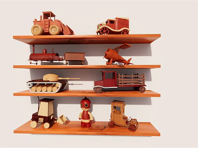 Wooden Electric Toys Collection with Tractor Car Train Airplane on Shelf for Kids 3d model