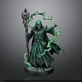 Fantasy Wizard In Green Robe Holding Magical Staff With Purple Crystal And Swirling Smoke