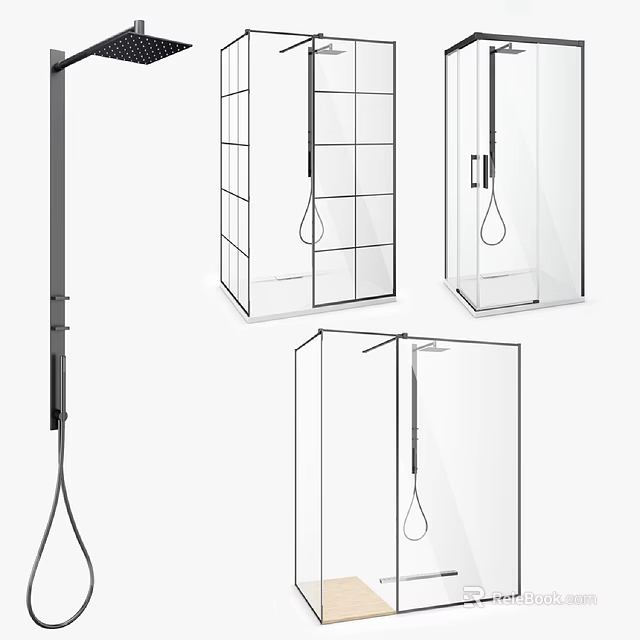Modern Bathroom Combos With Glass Shower Enclosures And Hanging Storage Units 3d model 