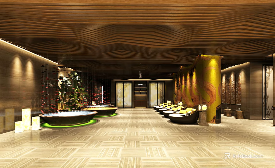 Elegant Clubhouse Interior With Wavy Wooden Ceiling Golden Pillars Circular Pools And Neatly Arranged Seats 3d model 