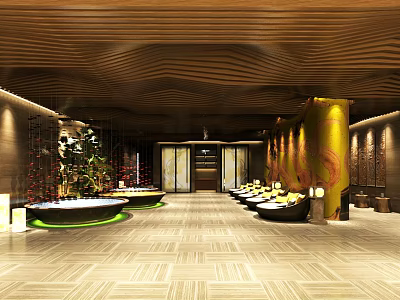 Elegant Clubhouse Interior With Wavy Wooden Ceiling Golden Pillars Circular Pools And Neatly Arranged Seats 3d model