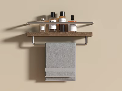 Gray Towel Hanging On Bathroom Shelf With Wooden And Metal Frame And Toiletries 3d model