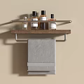 Gray Towel Hanging On Bathroom Shelf With Wooden And Metal Frame And Toiletries