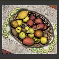 Basket of Fresh Fruits Including Lemon Mango Apple and Pear on Kiwi Pattern Mat