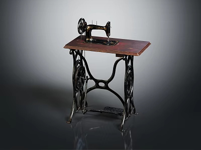 Classic Vintage Industrial Sewing Machine With Wooden Tabletop And Metal Frame Design 3d model