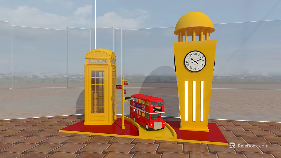 Public Facilities With Yellow Telephone Booth Red Double Decker Bus And Clock Tower 3d model 