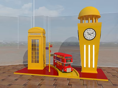 Public Facilities With Yellow Telephone Booth Red Double Decker Bus And Clock Tower 3d model