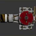 Vintage Mechanical Device With Wooden Propeller And Red Metal Components